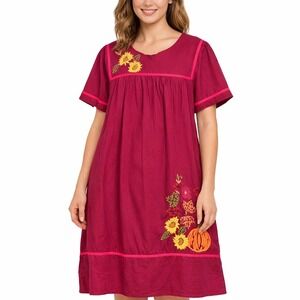 National Burgundy Cotton‎ House Dress 1X Autumn Pumpkin Sunflower Embroidered